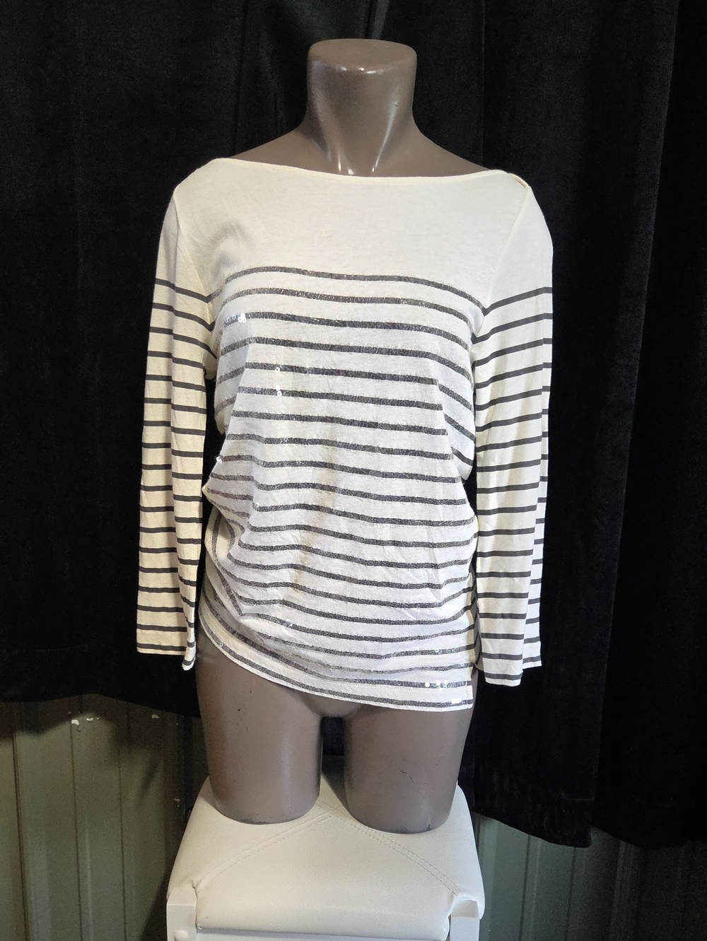 J. Crew White and Gray Striped Boatneck Long-Sleeve Top